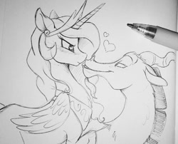 Size: 1080x874 | Tagged: safe, alternate version, artist:stepandy, discord, princess celestia, alicorn, draconequus, pony, g4, antlers, blushing, crown, cute, cutelestia, discute, female, heart, heart eyes, interspecies, jewelry, male, mare, paper, pen, regalia, ship:dislestia, shipping, sketch, straight, traditional art, tsundere, wingding eyes
