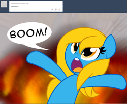 Size: 1280x1050 | Tagged: safe, artist:furrgroup, oc, oc only, oc:internet explorer, earth pony, pony, ask internet explorer, browser ponies, explosion, female, internet explorer, mare, solo