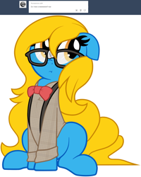 Size: 1280x1604 | Tagged: safe, artist:furrgroup, oc, oc only, oc:internet explorer, earth pony, pony, ask internet explorer, bowtie, browser ponies, clothes, female, floppy ears, glasses, internet explorer, looking away, looking sideways, mare, shirt, simple background, sitting, solo, taped glasses, white background