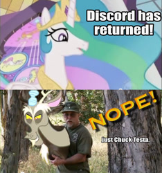 Size: 638x681 | Tagged: safe, edit, edited screencap, screencap, discord, princess celestia, alicorn, draconequus, human, pony, g4, the return of harmony, chuck testa, crown, female, impact font, irl, irl human, jewelry, male, mare, meme, needs more jpeg, nope, open mouth, peytral, photo, regalia, sunglasses, tree