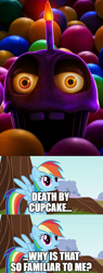 Size: 500x1312 | Tagged: safe, edit, edited screencap, screencap, rainbow dash, g4, carl the cupcake, comic, cupcake, five nights at freddy's, five nights at freddy's movie, food, implied cupcakes, oh crap, screencap comic