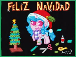 Size: 3422x2606 | Tagged: safe, artist:rammzblood, izzy moonbow, pony, unicorn, g5, baby, baby pony, black background, christmas, clothes, diaper, feliz navidad, female, filly, filly izzy moonbow, foal, high res, holiday, open mouth, raised hoof, scarf, simple background, younger