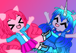 Size: 1564x1080 | Tagged: safe, artist:80ssuperstar, izzy moonbow, pinkie pie, anthro, equestria girls, g4, g5, >.<, ><, ^^, eyes closed, gacha club, gradient background, horn, izzy and her heroine, jewelry, necklace, open mouth, open smile, pony ears, smiling, tail, unicorn horn