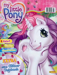 Size: 604x800 | Tagged: safe, rainbow dash (g3), sweetie belle (g3), butterfly, earth pony, unicorn, g3, official, 2000s, 2d, cover, cute, german, germany, looking at you, magazine, panini, rainbow, smiling, tree