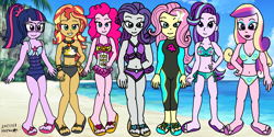 Size: 2160x1080 | Tagged: safe, artist:galbin32, dean cadance, fluttershy, pinkie pie, princess cadance, rarity, sci-twi, starlight glimmer, sunset shimmer, twilight sparkle, equestria girls, g4, beach, bikini, breasts, cleavage, clothes, feet, female, fluttershy's wetsuit, group shot, midriff, pinkie pie swimsuit, pinkie pie's beach shorts swimsuit, purple bikini, rarity's purple bikini, sandals, sci-twi swimsuit, sunset shimmer swimsuit, sunset shimmer's beach shorts swimsuit, swimsuit, toes, wetsuit