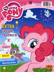 Size: 606x800 | Tagged: safe, pinkie pie, spike, bird, earth pony, g4, official, 2010s, cloud, cover, cute, german, grass, looking at you, magazine, panini, smiling, smiling at you