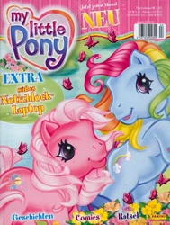 Size: 604x800 | Tagged: safe, pinkie pie (g3), rainbow dash (g3), butterfly, earth pony, g3, official, 2000s, cover, cute, flower, german, looking at you, magazine, panini, rainbow, raised hoof, smiling, smiling at you