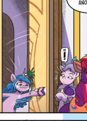 Size: 720x1007 | Tagged: safe, idw, official comic, izzy moonbow, queen haven, sunny starscout, earth pony, pegasus, pony, unicorn, g5, spoiler:comic, spoiler:g5, spoiler:g5comic20, :o, blue hair, closed mouth, door, female, food, looking at someone, mane stripe sunny, open door, open mouth, out of context, out of frame, pineapple, smiling, surprised, trio, trio female