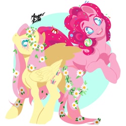 Size: 1280x1280 | Tagged: safe, artist:mergerbirth, fluttershy, pinkie pie, earth pony, pegasus, pony, g4, candy, circle background, colored eyelashes, duo, female, floral head wreath, flower, flower in hair, folded wings, food, jumping, looking at you, mare, open mouth, open smile, pink eyelashes, raised hoof, simple background, smiling, smiling at you, sprinkles, sprinkles in hair, standing, white background, white pupils, wings