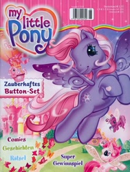 Size: 606x800 | Tagged: safe, pinkie pie (g3), starsong, tiddly wink, tra-la-la, breezie, butterfly, earth pony, pegasus, g3, official, 2010s, castle, cover, cute, german, heart, heart eyes, hot air balloon, magazine, rainbow, wingding eyes