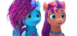 Size: 1280x600 | Tagged: safe, edit, edited screencap, editor:dracoawesomeness, screencap, misty brightdawn, sunny starscout, earth pony, pony, unicorn, g5, my little pony: make your mark, my little pony: make your mark chapter 6, secrets of starlight, spoiler:g5, spoiler:my little pony: make your mark, spoiler:my little pony: make your mark chapter 6, spoiler:mymc06e04, background removed, duo, duo female, female, heart locket, height difference, locket, mane stripe sunny, mare, not a vector, rainbow of light, rebirth misty, simple background, transparent background