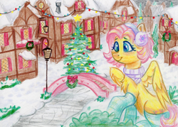 Size: 2054x1468 | Tagged: safe, artist:dandy, fluttershy, pegasus, pony, g4, alternate hairstyle, blushing, bridge, christmas, christmas lights, christmas tree, clothes, colored pencil drawing, earmuffs, female, hearth's warming, holiday, lamp, mare, ponyville, short mane, smiling, socks, solo, striped socks, traditional art, tree, wreath