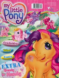 Size: 602x800 | Tagged: safe, cheerilee (g3), pinkie pie (g3), scootaloo (g3), starsong, toola-roola, butterfly, earth pony, pegasus, g3, official, 2000s, cover, cute, german, heart, lake, looking at you, magazine, panini, smiling, smiling at you, tree, water
