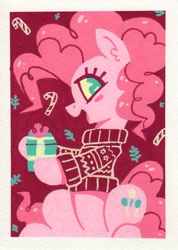 Size: 1475x2072 | Tagged: safe, artist:dandy, pinkie pie, earth pony, pony, g4, acrylic painting, christmas, christmas sweater, clothes, female, hearth's warming, holiday, looking at you, mare, ponk, present, solo, sweater, traditional art