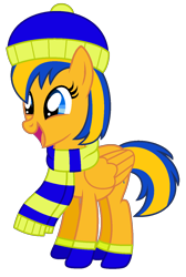 Size: 926x1376 | Tagged: safe, artist:noi kincade, oc, oc only, oc:flare spark, pegasus, g4, clothes, female, happy, hat, open mouth, scarf, simple background, socks, solo, striped scarf, transparent background, winter hat