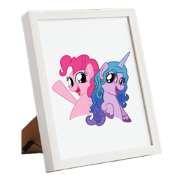 Size: 549x549 | Tagged: safe, artist:tankengine52, izzy moonbow, pinkie pie, earth pony, pony, unicorn, g4, g5, female, izzy and her heroine, picture frame, simple background, transparent background