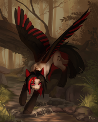 Size: 4000x5000 | Tagged: safe, artist:miurimau, oc, oc only, pegasus, pony, absurd file size, absurd resolution, colored wings, commission, concave belly, forest, looking at you, multicolored wings, nature, red and black oc, signature, slender, solo, spread wings, thin, tree, wings