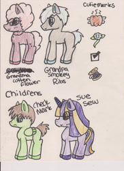 Size: 900x1236 | Tagged: safe, artist:razzle-the-dazzle, oc, oc only, oc:check mark, oc:grandma cotton flower, oc:grandpa smokey ribs, oc:sue sew, earth pony, pegasus, pony, unicorn, 2012, bags under eyes, blue eyes, blush lines, blushing, chest freckles, closed mouth, colored hooves, colt, earth pony oc, female, filly, foal, folded wings, freckles, frown, glasses, golden eyes, grandfather, grandmother, horn, jewelry, leg freckles, lidded eyes, male, mare, necklace, pegasus oc, pink eyes, side view, simple background, smiling, stallion, standing, traditional art, unamused, unicorn oc, white background, wings, yellow eyes