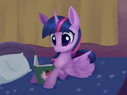 Size: 2940x2196 | Tagged: safe, artist:dusthiel, twilight sparkle, alicorn, pony, g4, bed, bedroom, book, female, high res, indoors, lying down, lying on bed, mare, on bed, pillow, prone, solo, twilight sparkle (alicorn)