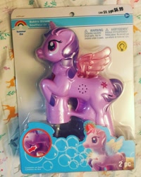 Size: 1080x1350 | Tagged: safe, alicorn, pony, ages 3+, bootleg, bubble, bubble blower, choking hazard, creatology, french, irl, not twilight sparkle, photo, toy, transparent wings, wings