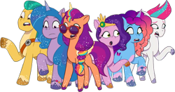 Size: 1222x638 | Tagged: safe, edit, edited screencap, editor:pascalmulokozi2, screencap, hitch trailblazer, izzy moonbow, misty brightdawn, pipp petals, sunny starscout, zipp storm, earth pony, pegasus, pony, unicorn, g5, my little pony: tell your tale, snow business like show business, spoiler:g5, spoiler:my little pony: tell your tale, spoiler:tyts01e70, background removed, female, male, mane five, mane six (g5), not a vector, rebirth misty, simple background, stallion, transparent background