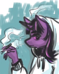 Size: 1650x2076 | Tagged: safe, artist:kovoranu, twilight sparkle, unicorn, anthro, g4, clothes, depressed, hoodie, smoking, solo