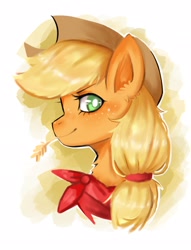 Size: 1566x2048 | Tagged: safe, artist:puffyrin, applejack, earth pony, pony, g4, abstract background, aside glance, bust, cowboy hat, female, hat, looking at you, mare, neckerchief, portrait, profile, smiling, smiling at you, solo, straw in mouth