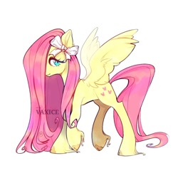Size: 1024x1024 | Tagged: safe, artist:vaxice, fluttershy, pegasus, pony, g4, aside glance, bow, cloven hooves, concave belly, female, hair over one eye, hoof fluff, long mane, looking at you, mare, raised hoof, raised leg, signature, simple background, slender, solo, spread wings, standing, standing on two hooves, thin, unshorn fetlocks, white background, wings