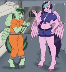 Size: 3200x3500 | Tagged: safe, artist:bobby_dogthing, oc, oc only, oc:eden shallowleaf, oc:galactic lights, pegasus, anthro, bed, belly button, blushing, bound wings, bunk bed, clothes, commissioner:rainbowdash69, cuffed, cuffs, duo, front knot midriff, high res, jail, jail cell, jumpsuit, key, midriff, nervous, nervous smile, never doubt rainbowdash69's involvement, pegasus oc, pillow, police uniform, prison, prison cell, prison outfit, shackles, smiling, wings