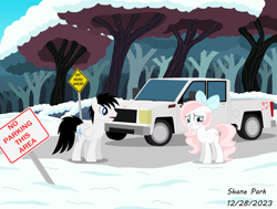 Size: 8500x6440 | Tagged: safe, artist:creedyboy124, oc, oc only, oc:shane park, oc:sweetheart, pegasus, unicorn, g4, female, male, snow, tree, truck