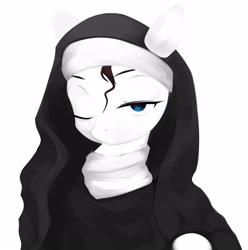 Size: 2139x2160 | Tagged: safe, artist:some_ponu, pony, female, high res, lidded eyes, looking at you, mare, monochrome, nun, nun outfit, one eye closed, simple background, solo, stray strand, white background
