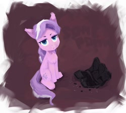 Size: 1614x1440 | Tagged: safe, artist:some_ponu, diamond tiara, earth pony, pony, g4, broken, computer, diamond tiara is not amused, female, filly, foal, laptop computer, lidded eyes, looking at you, passepartout, sitting, solo, unamused