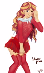 Size: 1290x2160 | Tagged: safe, artist:some_ponu, sunset shimmer, human, g4, bow, christmas, clothes, cross earring, dress, ear piercing, earring, female, holiday, humanized, jewelry, knees pressed together, looking at you, one eye closed, piercing, schrödinger's pantsu, simple background, skirt, skirt pull, smiling, socks, solo, thigh highs, white background, wink