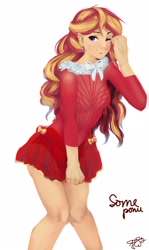 Size: 1290x2160 | Tagged: safe, alternate version, artist:some_ponu, sunset shimmer, human, g4, bow, christmas, clothes, cross earring, dress, ear piercing, earring, female, holiday, humanized, jewelry, knees pressed together, looking at you, one eye closed, piercing, schrödinger's pantsu, simple background, skirt, skirt pull, smiling, solo, white background, wink