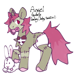 Size: 2048x2048 | Tagged: safe, artist:jackrabbit, oc, oc only, oc:angel (jackrabbit), pony, rabbit, undead, unicorn, zombie, animal, baby, baby pony, diaper, female, high res, hooves, pacifier, plushie, redesign, reference sheet, solo, toddler, toy, young