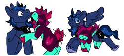 Size: 1309x596 | Tagged: safe, artist:jackrabbit, princess luna, oc, oc:rosebun, alicorn, pony, unicorn, g4, ambiguous gender, blushing, canon x oc, cloven hooves, duo, female, fur, hair, hooves, horn, shipping, simple background, white background, wings