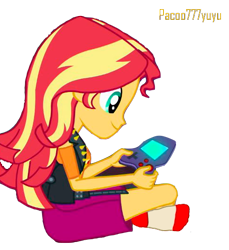 Size: 485x530 | Tagged: safe, artist:paco777yuyu, edit, edited screencap, screencap, sunset shimmer, human, equestria girls, g4, background removed, clothes, female, game boy, looking down, playing, simple background, smiling, socks, solo, transparent background