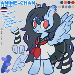 Size: 4096x4096 | Tagged: safe, artist:metaruscarlet, oc, oc only, oc:anime-chan, pegasus, pony, asexual, asexual pride flag, clothes, color palette, cosplay, costume, ear piercing, earring, english, gray background, hairclip, hairpin, jewelry, open mouth, open smile, pegasus oc, piercing, pleated skirt, pride, pride flag, pronouns, red eyes, reference sheet, sailor uniform, simple background, skirt, smiling, socks, spread wings, standing, striped socks, uniform, wings