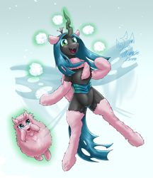 Size: 2730x3159 | Tagged: safe, artist:eltanin14d, queen chrysalis, oc, oc:fluffle puff, changeling, changeling queen, pony, g4, belly, belly button, clothes, duo, featureless crotch, female, high res, snowball, snowball fight, socks, stockings, thigh highs