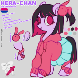 Size: 4096x4096 | Tagged: safe, artist:metaruscarlet, oc, oc only, oc:hera-chan, earth pony, pony, accessory, bisexual pride flag, closed mouth, clothes, ear piercing, earring, earth pony oc, english, female, gray background, hoodie, implied mental illness, jewelry, magenta eyes, mare, piercing, pleated skirt, ponytail, pride, pride flag, reference sheet, ribbon, simple background, skirt, smiling, solo, standing, syringe