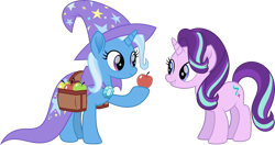 Size: 9746x5129 | Tagged: safe, artist:starryshineviolet, starlight glimmer, trixie, pony, unicorn, g4, my little pony: rainbow roadtrip, absurd resolution, apple, bag, cape, clothes, duo, duo female, female, food, hat, mare, offering, raised hoof, saddle bag, simple background, transparent background, trixie's cape, trixie's hat, vector