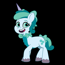 Size: 1200x1200 | Tagged: safe, artist:prixy05, oc, oc only, oc:prixy, pony, unicorn, g5, my little pony: tell your tale, black background, bow, female, hair bow, mare, neck bow, open mouth, raised hoof, simple background, solo, tail, tail bow
