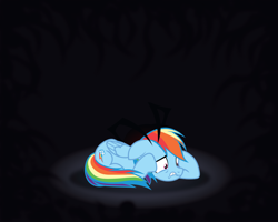 Size: 1500x1200 | Tagged: safe, artist:prixy05, rainbow dash, insect, pegasus, pony, fanfic:the rainbow curse, g4, dark background, fanfic, fanfic art, fanfic cover, female, lying down, mare, void