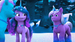Size: 1920x1076 | Tagged: safe, screencap, comet (g5), izzy moonbow, misty brightdawn, pipp petals, sunny starscout, violet frost, auroricorn, earth pony, pegasus, pony, unicorn, g5, my little pony: make your mark, my little pony: make your mark chapter 6, secrets of starlight, spoiler:g5, spoiler:my little pony: make your mark, spoiler:my little pony: make your mark chapter 6, spoiler:mymc06e04, admiring, animated, crystal, female, flying, forest, glowing, happy, hug, laughing, male, mare, nature, portal, rebirth misty, snow, sound, stallion, tree, webm