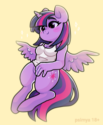 Size: 1300x1582 | Tagged: safe, artist:psimya, twilight sparkle, alicorn, anthro, unguligrade anthro, g4, blushing, bottomless, breasts, cleavage, clothes, female, partial nudity, simple background, smiling, solo, strategically covered, twilight sparkle (alicorn)