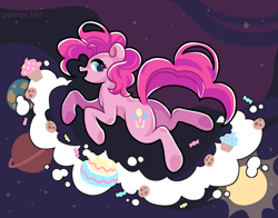 Size: 1909x1500 | Tagged: safe, artist:psimya, pinkie pie, earth pony, pony, g4, butt, cake, cookie, cupcake, female, food, looking back, open mouth, planet, plot, solo, space, sun
