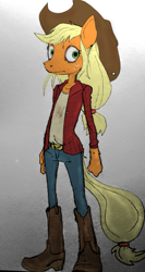 Size: 795x1497 | Tagged: safe, artist:freakazoidthunk, applejack, earth pony, anthro, g4, bipedal, boots, country hick, cowboy boots, cowboy hat, farmer, hat, hick, mlha, my little hazards area, opposable hooves, parody, shoes, solo