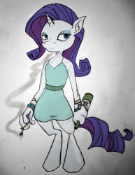 Size: 1189x1544 | Tagged: safe, artist:freakazoidthunk, rarity, unicorn, anthro, g4, beer bottle, bipedal, bottle, cigarette, mlha, my little hazards area, opposable hooves, parody, solo