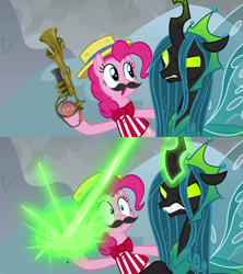 Size: 910x1024 | Tagged: safe, edit, edited screencap, editor:victorfazbear, screencap, pinkie pie, queen chrysalis, changeling, changeling queen, earth pony, pony, g4, the ending of the end, 2 panel comic, angry, bowtie, chrysalis blasts things, comic, duo, facial hair, fake moustache, female, hat, hoof hold, moustache, rainblower, screencap comic, straw hat, team fortress 2, ultimate chrysalis