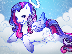 Size: 1280x960 | Tagged: safe, artist:sparkytopia, snow'el ii, pegasus, pony, g3, blushing, cloud, colored wings, fake halo, female, gradient legs, gradient wings, looking at you, lying down, lying on a cloud, mare, on a cloud, prone, smiling, snow, solo, spread wings, starry eyes, wingding eyes, wings